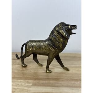 Vintage Brass Lion Figurine with Engraved Details Decorative Sculpture 6”